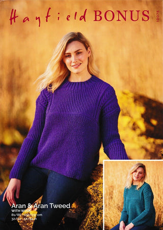 S10076 Ladies Round Neck Sweater in Hayfield Bonus Aran & Aran Tweed 400g