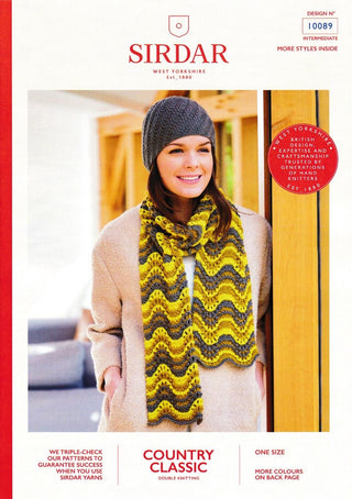 S10089 Ladies Lace, Tri-Coloured Scarf and Hat with Diagonal Pattern in Sirdar Country Classic DK