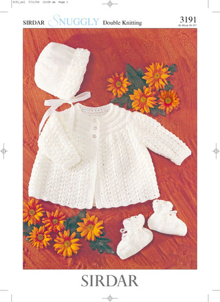 S3191 Matinee Coat, Bonnet and Booties in Sirdar Snuggly DK