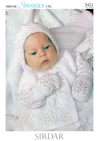 S3421 Matinee Coat, Bonnet and Booties in Sirdar Snuggly 3ply