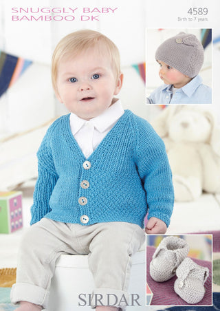 S4589 Cardigan, Hat and Booties for Little Ones in Sirdar Snuggly Baby Bamboo DK