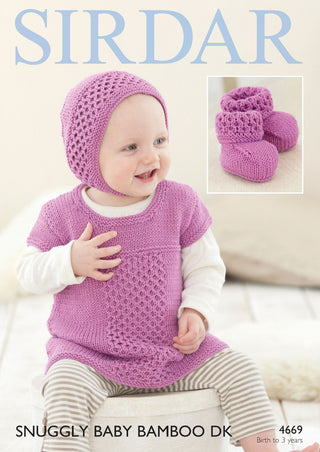S4669 Dress, Bonnet and Booties in Sirdar Snuggly Baby Bamboo DK