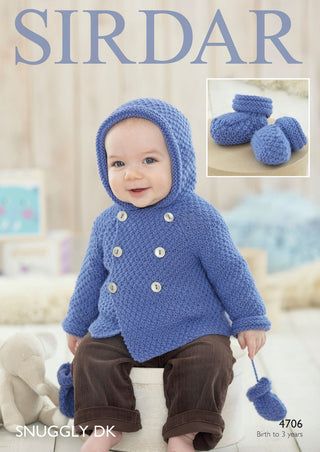 S4706 Bootees, Coat and Mittens for Babies in Sirdar Snuggly DK
