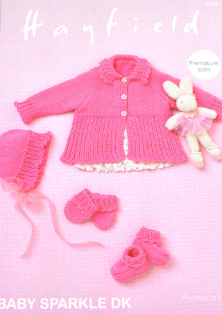 S4719 Bonnet, Bootees, Mittens and a Cardigan for Babies in Hayfield Baby Sparkle DK