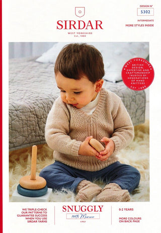 S5302 V Neck Sweater with Patterned Centre Panel and Booties in Sirdar Snuggly 100% Merino 4ply