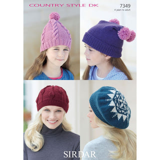 S7349 Beret, T Bag Hat,Pull on Hat and Slouchy Hat with Pompon for Women and Girls in Sirdar Country Style DK