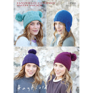 S7380 Pom Pom Hat, Helmet, Pull on Hat, and Slouchy Hat with Pom Pom for Women in Hayfield Chunky with Wool