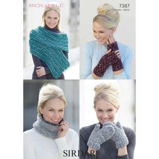 S7387 Wrap,Wrist Warmers, Snood and Mittens in Sirdar Bouffle