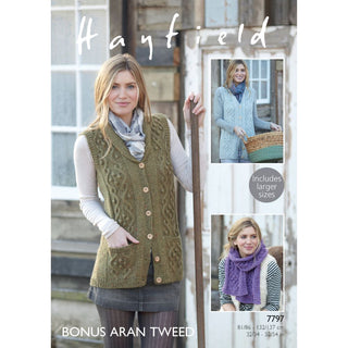 S7797 Waistcoats and Scarf for Women in Hayfield Bonus Aran Tweed