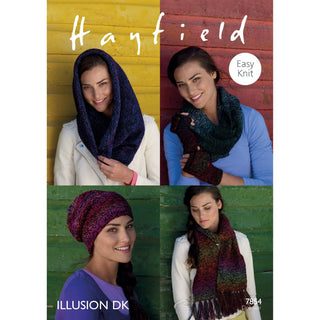 S7854 Scarf, Snoods, Hat and Fingerless Mittens for Women in Hayfield Illusion DK
