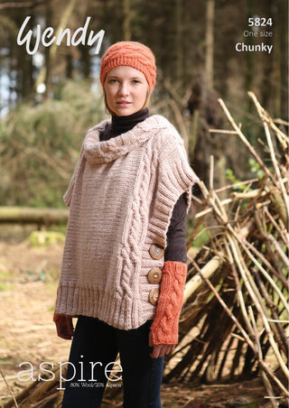TRW5824 Ladies Poncho, Hat and Mittens Wendy Aspire Chunky