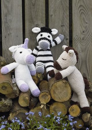 JB933 Horatio Horse, Ursula Unicorn, Zachary Zebra in James C Brett Flutterby Chunky