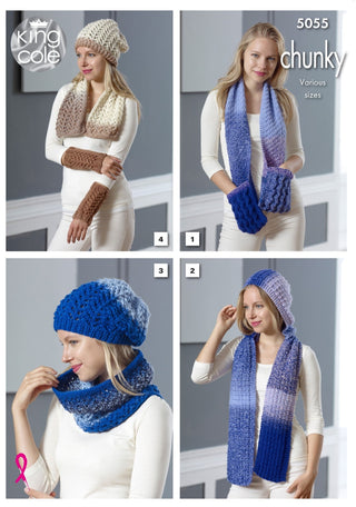 KC5055 Scarf With Pockets, Hooded Scarf, Lace Cowl, Lace Scarf, Hat and Wrist Warmers in King Cole Carousel Chunky