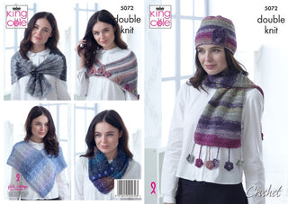 KC5072 Poncho, Neck Warmer, Triangular Scarf, Lace Wrap, Wrap and Hat in King Cole Shine DK