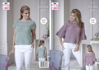 KC5115 Crochet Ladies Bell Sleeve & Short Sleeve Tops in Finesse Cotton Silk DK