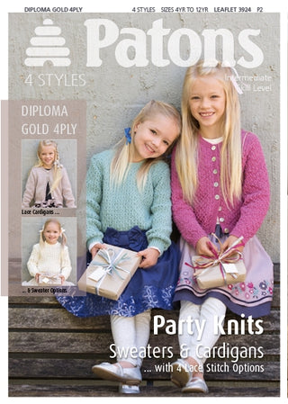 Patons 3924 Girls Party Knits Sweater and Cardigans in Diploma Gold 4 ply
