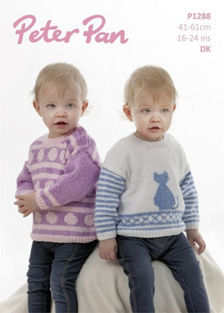 PP1288 Children's Sweaters with Spots or Cat Motif in Peter Pan Pixie DK