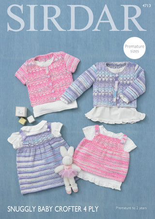 S4713 Cardigans, Top and Dress for Babies in Sirdar Snuggly Baby Crofter 4ply