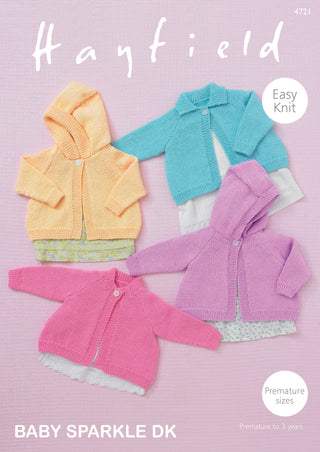 S4721 Four Cardigan Designs for Babies in Hayfield Baby Sparkle DK
