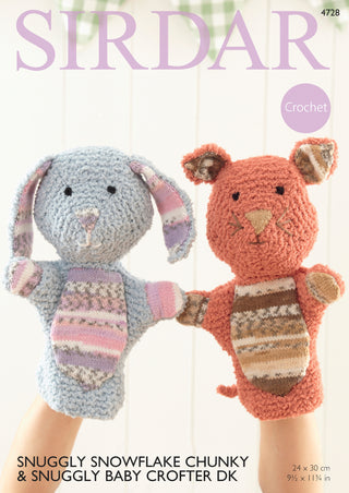 S4728 Cat and Rabbit Handpuppets in Sirdar Snuggly Snowflake Chunky and Snuggly Baby Crofter DK