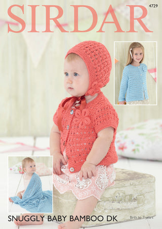 S4729 Blanket, Bonnet and Cardigan for Babies and Children in Sirdar Snuggly Baby Bamboo DK