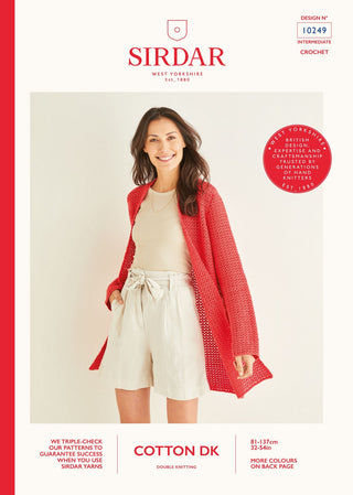 S10249 Ladies Longline Picot Crochet Cardigan in Sirdar Cotton DK