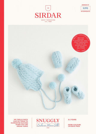 S5392 Baby's Pom-Pom Hat, Mittens & Booties in Sirdar Snuggly Cashmere Merino Silk 4 Ply