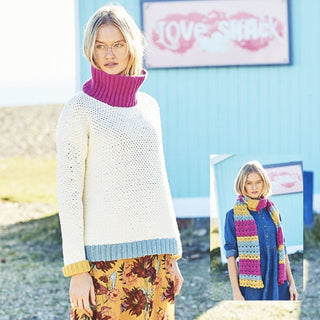St9633 Ladies Crochet Moss Stitch Sweater & Shell Stitch Scarf in Bellissima DK