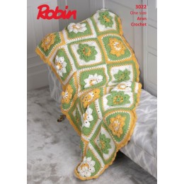 R3022 Crochet Flower Garden Throw in Robin Aran With Wool